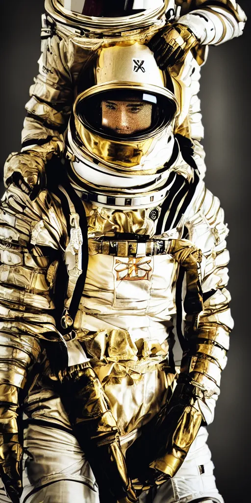 Prompt: photography of space suits designed yb knights templar, the knights templar cross logo, gold lining, heroic posing, photo shoot, by annie leibovitz, sigma 85mm 1.4, glows, sharp, high contrast