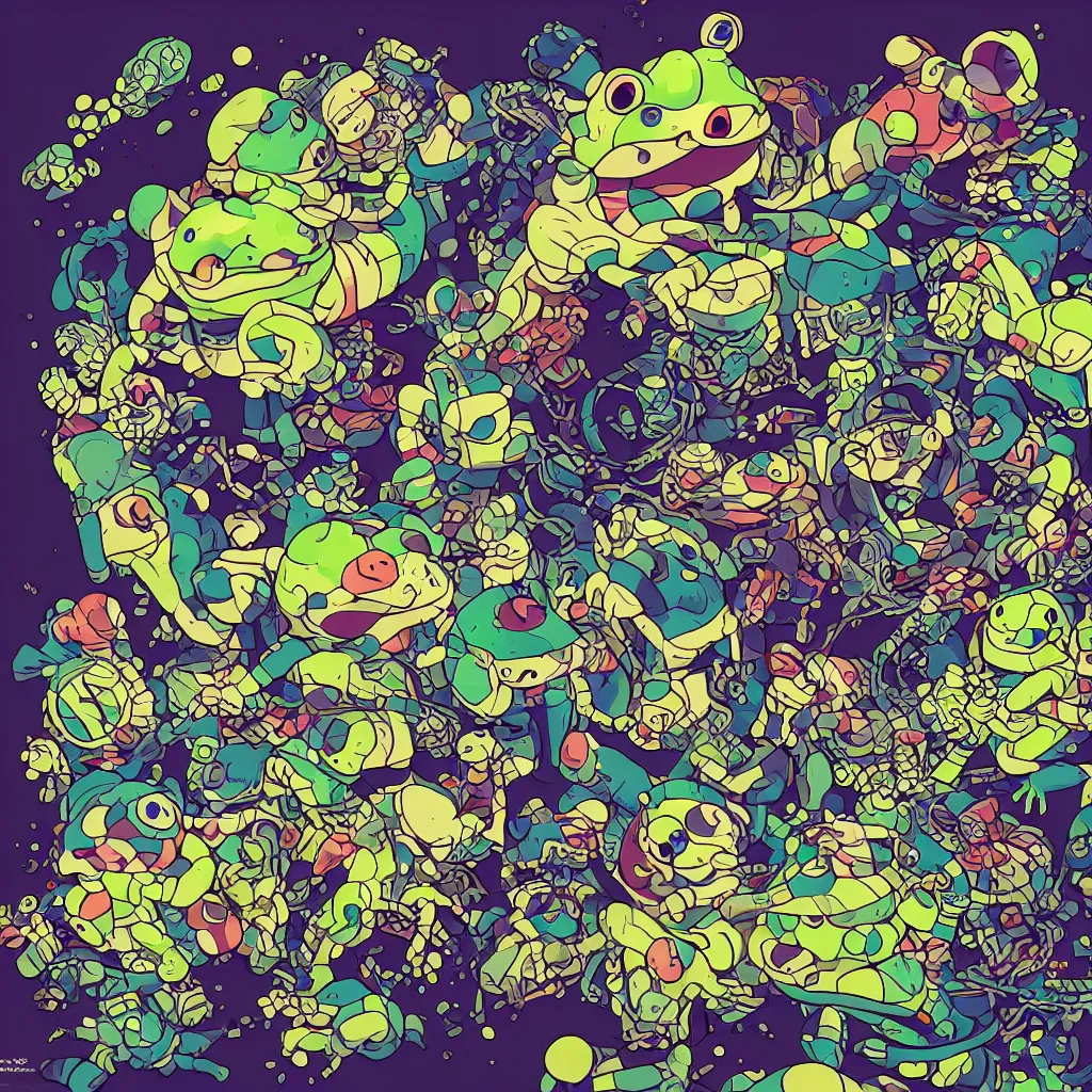 Image similar to toads, deconstructed amphibian, ryuta ueda artwork, breakcore, style of jet set radio, y 2 k, gloom, space, cel - shaded art style, indigo rainbow, data, minimal, takashi murakami artwork, code, cybernetic, dark, eerie, cyber