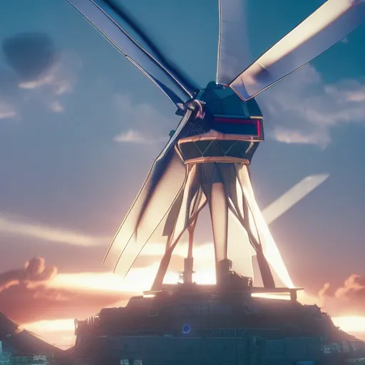 Image similar to gundam as dutch windmill in gundam, gundam is windmill shaped, dutch windmill gundam, in gears of war, splash art, movie still, cinematic lighting, ray tracing, octane render, long lens, shallow depth of field, bokeh, anamorphic lens flare, 8 k, hyper detailed, 3 5 mm film grain