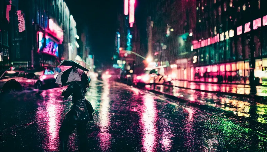 Image similar to street of new york, photography, night, rain, mist, a girl with pink hair, cinestill 8 0 0 t, in the style of william eggleston