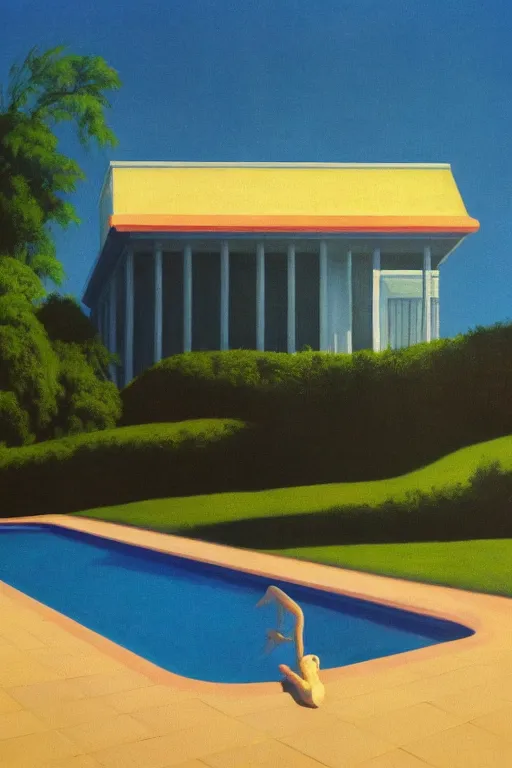 Image similar to liminal vaporwave summer swimming pool surrealism, painted by Edward Hopper, airbrush