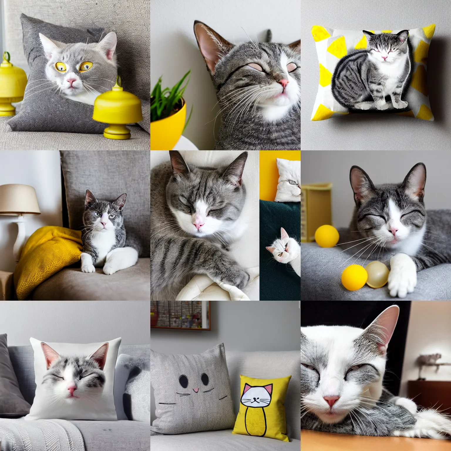 Prompt: white and grey cat, yellow eyes, sleeping on pillow, comfortable, at home, fabrics, lamps, plants, books