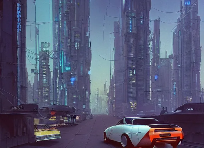 Image similar to a car driving down a street next to tall buildings the night at 10 pm, cyberpunk art by Chesley Bonestell, cgsociety, retrofuturism, matte painting, reimagined by industrial light and magic