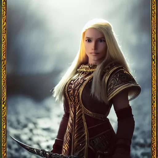 Image similar to the elder scrolls vi, charismatic regal blonde high elf female jarl, portrait, exquisitely designed throne room, atmospheric lighting, painted, intricate, volumetric lighting, beautiful, daytime, sunny weather, slight overcast, sharp focus, deep colours, ultra detailed, by leesha hannigan, ross tran, thierry doizon, kai carpenter, ignacio fernandez rios