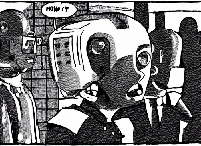 Prompt: A severed human head. flying human head. The head is Hovering with no body. also, a Robot, business meeting