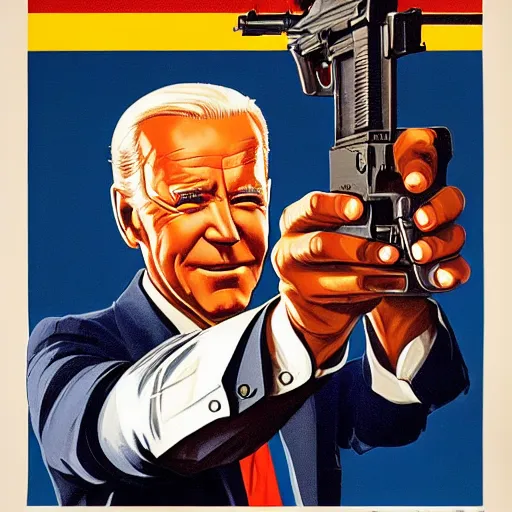 Image similar to propaganda poster of joe biden pointing gun directly at camera in james bond movie, closeup of gun, visible barrel and grip by j. c. leyendecker, bosch, lisa frank, jon mcnaughton, and beksinski