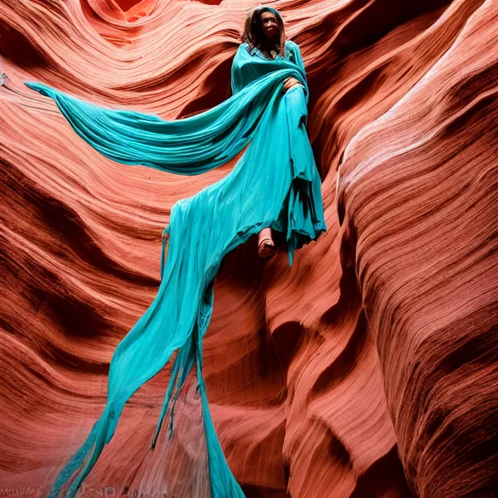 Image similar to closeup portrait of a woman wrapped in turquoise fiber, standing in antelope canyon in arizona, color photograph, by vincent desiderio, canon eos c 3 0 0, ƒ 1. 8, 3 5 mm, 8 k, medium - format print