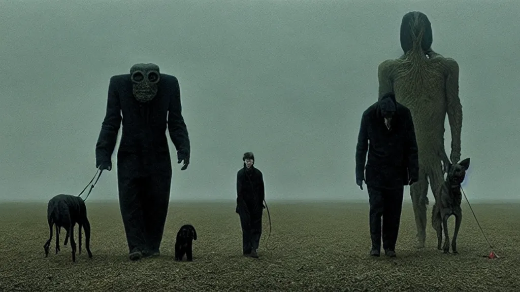 Image similar to the strange creature helps us walk the dog, film still from the movie directed by denis villeneuve and david cronenberg with art direction by salvador dali and zdzisław beksinski