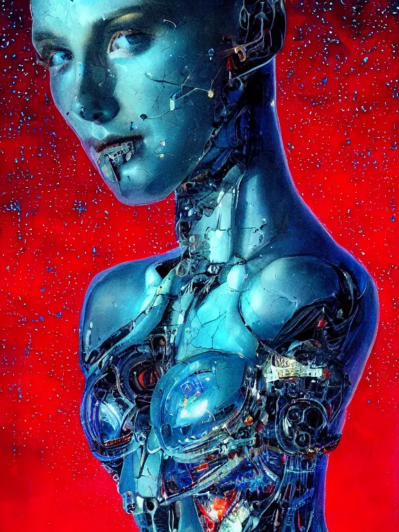 Prompt: closeup portrait of a transparent cyborg beautiful girl android, shattered glass, glow, cinematic light, backlight glow, red sky blue, mist, by mikhail vrubel, by philippe druillet, by peter elson, by gerald brom, muted colors, ( ( extreme detail ) ), trending on artstation, 8 k