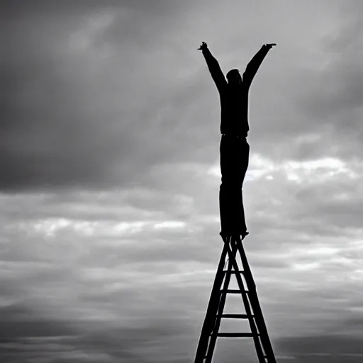 Prompt: photo of a man standing on chair tower acrobatic