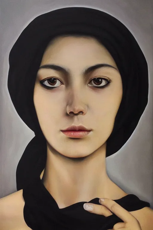 Prompt: hyperrealism oil painting, portrait fashion model with black rectangle on eyes, face is wrapped in a black scarf, s, dark background, in style of classicism mixed with 8 0 s japanese sci - fi books art