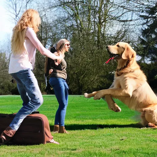 Image similar to human riding giant golden retriever in the park, trending on attestation