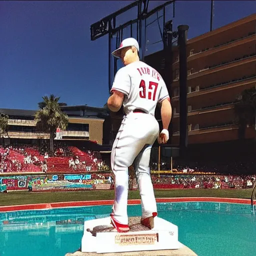 Image similar to “a realistic detailed photo of a guy who is named Mike Trout a baseball player, frozen like a statue, with shiny skin, by a pool, on display”