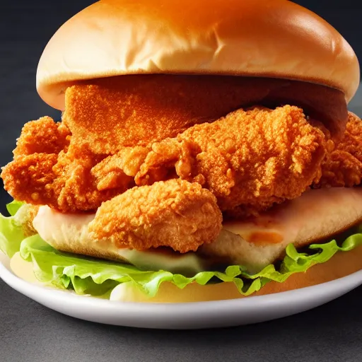 Image similar to a kfc chicken sandwich slathered in sauce, 4 k product photo