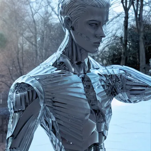 Image similar to made of ice, a realistic detailed photo of a guy who is an attractive humanoid who is half robot and half humanoid, who is a male android, on display, blank stare, showing off his muscles, shiny skin, posing like a statue, by the pool, frozen ice statue, twitch streamer / gamer ludwig, humanoid robot