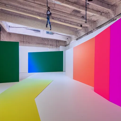 Prompt: : hyper color minimalist abstract shape art installation in museum gallery