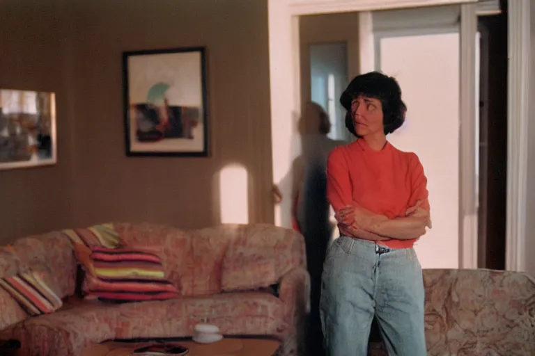 Prompt: backlit photograph of woman standing in front of object radiating esoteric energy in suburban living room, crisp focus, highly detailed, in george hardie style, 3 5 mm ektachrome