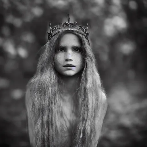 Image similar to stunning portrait photography of young beautiful witch princess from national geographic award winning, dramatic lighting, taken with canon 5d mk4, sigma art lens, monochrome