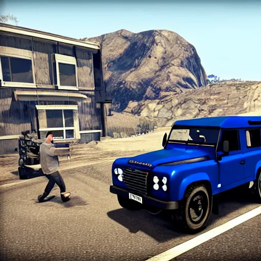 Prompt: “Blue Land Rover Defender and a man with a video camera. In the style of GTA 5.”