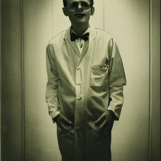 Image similar to a 1 9 5 0 s male scientist wearing a lab coat standing lost in the backrooms, mono - yellow old moist carpet, empty liminal space, very dark shadows, broken fluorescent lighting, horror movie scene, film grain