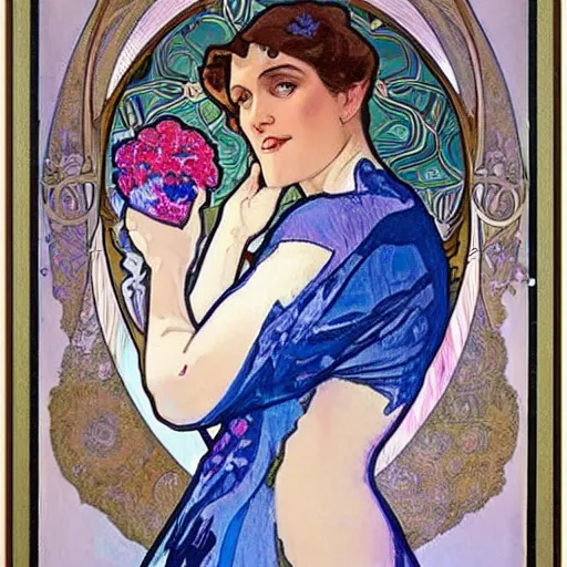 Prompt: art nouveau painting by Alphonse Mucha of a beautiful female scientist in 1920s dress holding a sparkling round bottomed flask of blue liquid up to the light. The woman is framed with flowers. Soft, muted colors.