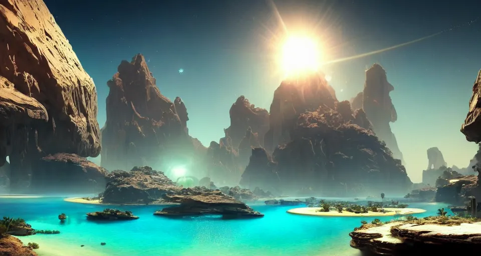 Image similar to a beautiful [ [ [ [ desert oasis ] ] ] ] with crystal clear water surrounded by a futuristic metropolis and a ringed planet in the sky, by frank frazetta, extremely detailed shading, concept art, digital painting, trending on artstation, unreal engine 5, octane render, atmosphere, lens flare, glow, cinematic lighting, full of color
