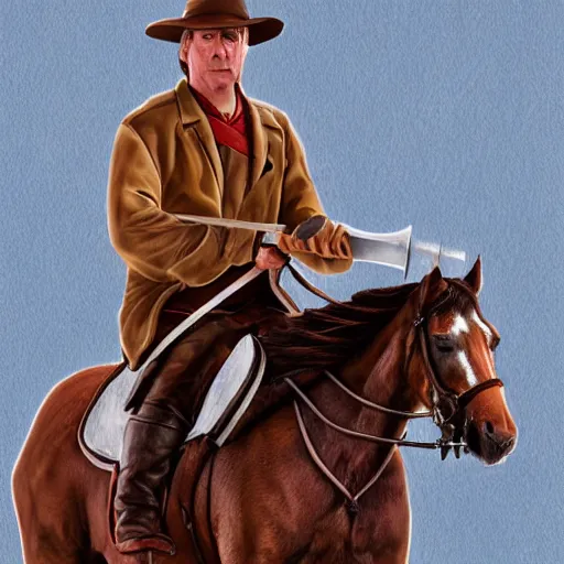 Image similar to saul goodman riding a horse while holding a sword, digital art, high rated, realistic