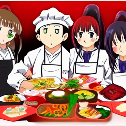 Image similar to anime human meat restaurant, horror, nightmare, cook, food, cooking