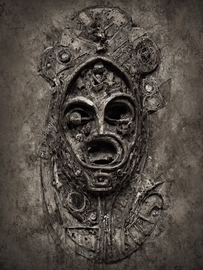 Image similar to extra wide view. an ominous dark ancient mask. barron. worn out photography. sepia. cracks. hyper - detailed. gothic steampunk. low poly medieval baroque. symmetric. epic. hyper - realistic. unreal render.