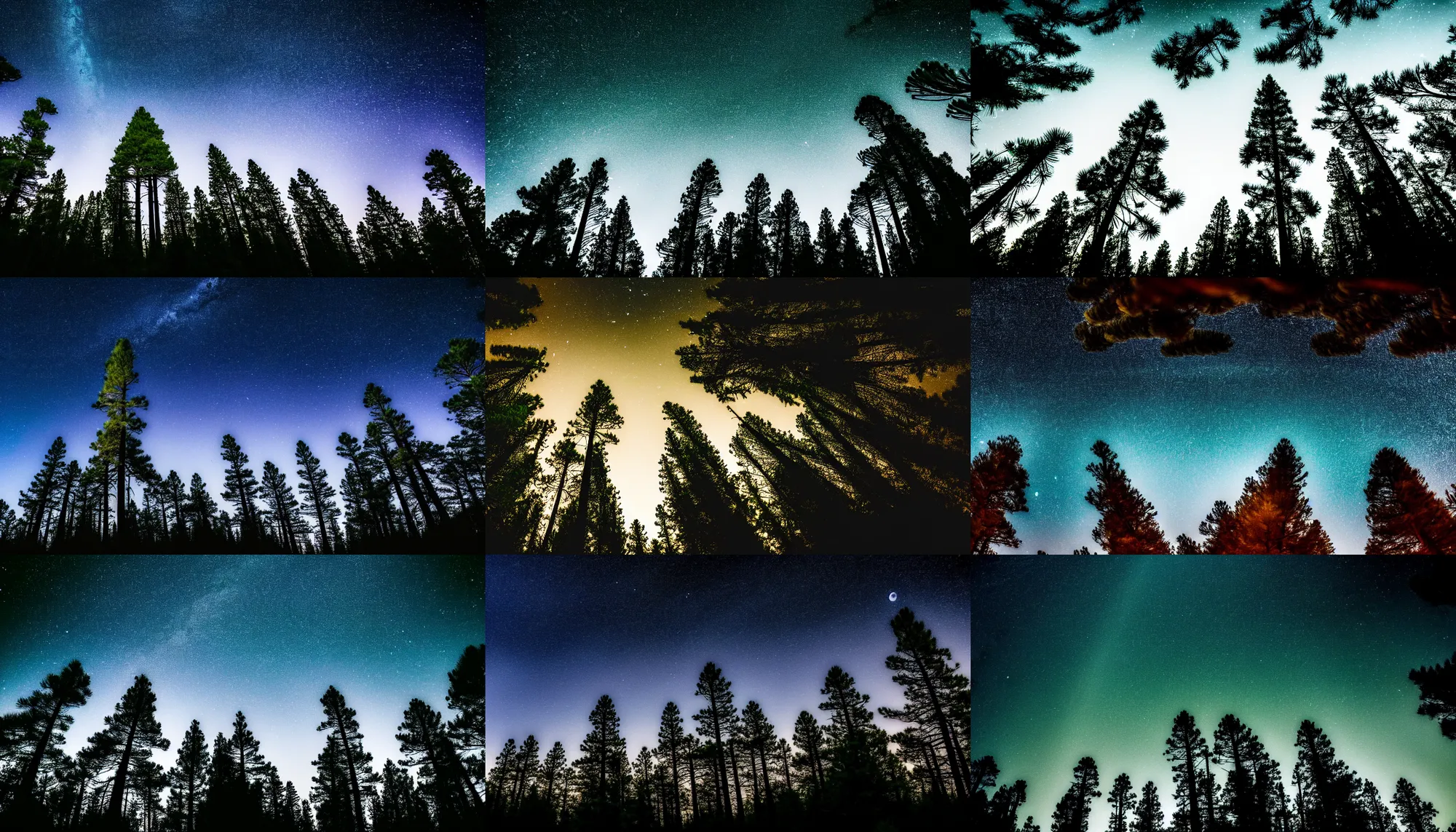 Prompt: a landscape photograph of very tall pine trees in a forest, midnight, planet saturn huge in the sky, landscape photography, dramatic lighting, wide aperture