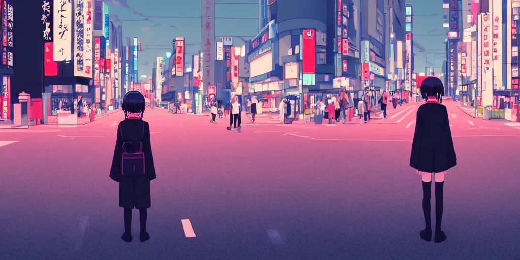 Image similar to a beautiful anime girl with black long hair wearing japanese uniform high school waiting for crosswalk under the red light, tokyo city background, makoto shinkai style, anime style digital art, 8 k