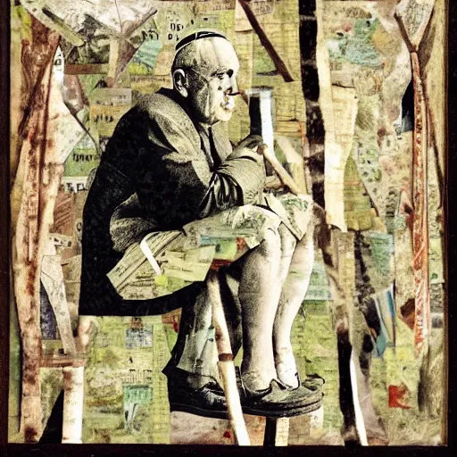 Image similar to the pope squatting on a toilet in the forest, paper collage by kurt schwitters