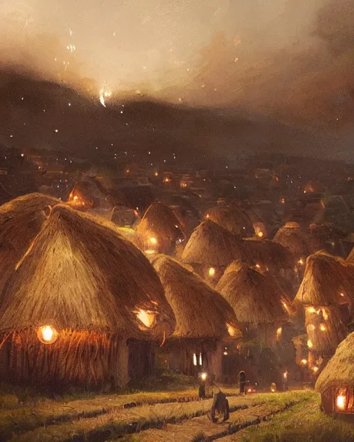 Prompt: Painting by Greg Rutkowski, a big ceramic jug with a gold ornament flies high in the dark night sky above a small village with built-up huts under thatched roofs