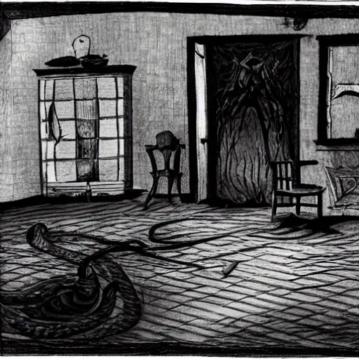 Prompt: Knives are strewn across the floor. Their blades reflect the light peeking in from the windows as they lie eerily in a jagged line like broken teeth. Burning flames dance gently in a fireplace. Smoke rises into the air, curling and twisting with no way out. A rocking chair sits on the opposite side of the room, its seat carved with a serpent's head. The arms of the chair are draped with blankets while one leg is propped up against a table that's covered with scattered books and pieces of paper.