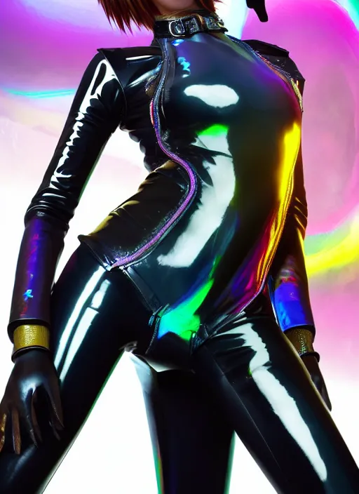 Image similar to portrait bust digital artwork of tracer overwatch, wearing iridescent rainbow latex and leather straps catsuit outfit, 4 k, expressive happy smug expression, makeup, in style of mark arian, angel wings, wearing detailed leather collar, chains, black leather harness, detailed face and eyes,