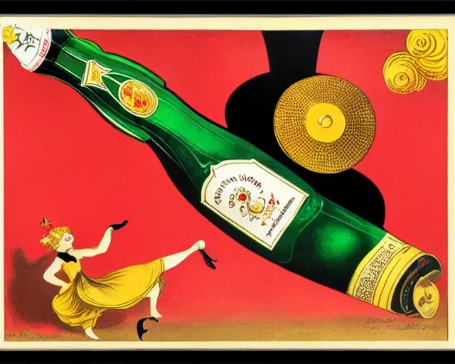 Image similar to cancan, melchizedek champagne bottle. leonetto cappiello, pur champagne damery, 1 9 0 2.