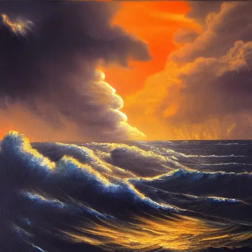 Image similar to This painting depicts a storm scene with thunder and lightning. The dark grey clouds, illuminated with electric light, swirl around the sun, which is painted bright orange. The sea is dark, and roils angrily as the storm rages. You can just make out the silhouette of a ship, being tossed by the waves, and headed towards the rocky coastline