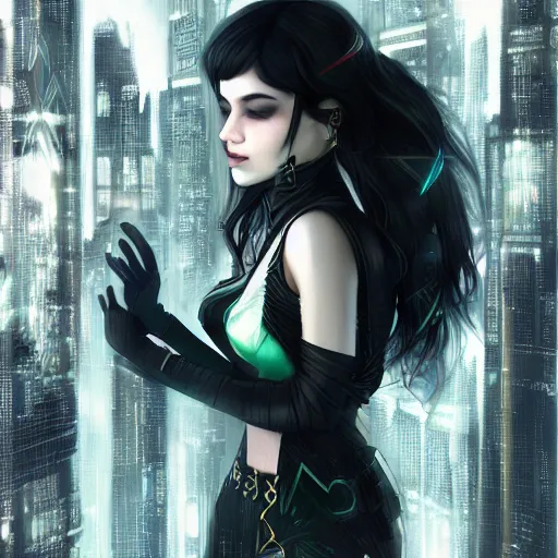 Image similar to teen elf, cyberpunk, black hair, gorgeous, amazing, elegant, intricate, highly detailed, digital painting, artstation, concept art, sharp focus, illustration, art by ross tran