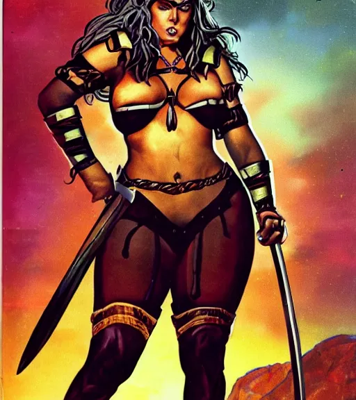 Image similar to 1 9 8 0 s fantasy novel book cover, bbw plus size amazonian victoria justice in extremely tight bikini armor wielding a cartoonishly large sword, exaggerated body features, dark and smoky background, low quality print