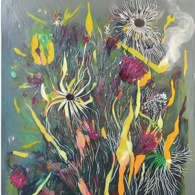 Image similar to “ a portrait in a female art student ’ s apartment, australian wildflowers, sensual, queer woman, flax, flannel flower, bottlebrush, eucalyptus, charred, bushfire, new leaves, art supplies, a candle dripping white wax, aboriginal art, berry juice drips, acrylic and spray paint and oilstick on canvas, surrealism, neoexpressionism ”