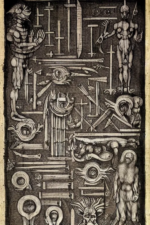 Image similar to design sheet of tools needed to summon a demon in an occult ritual by leonardo da vinci, blueprint page