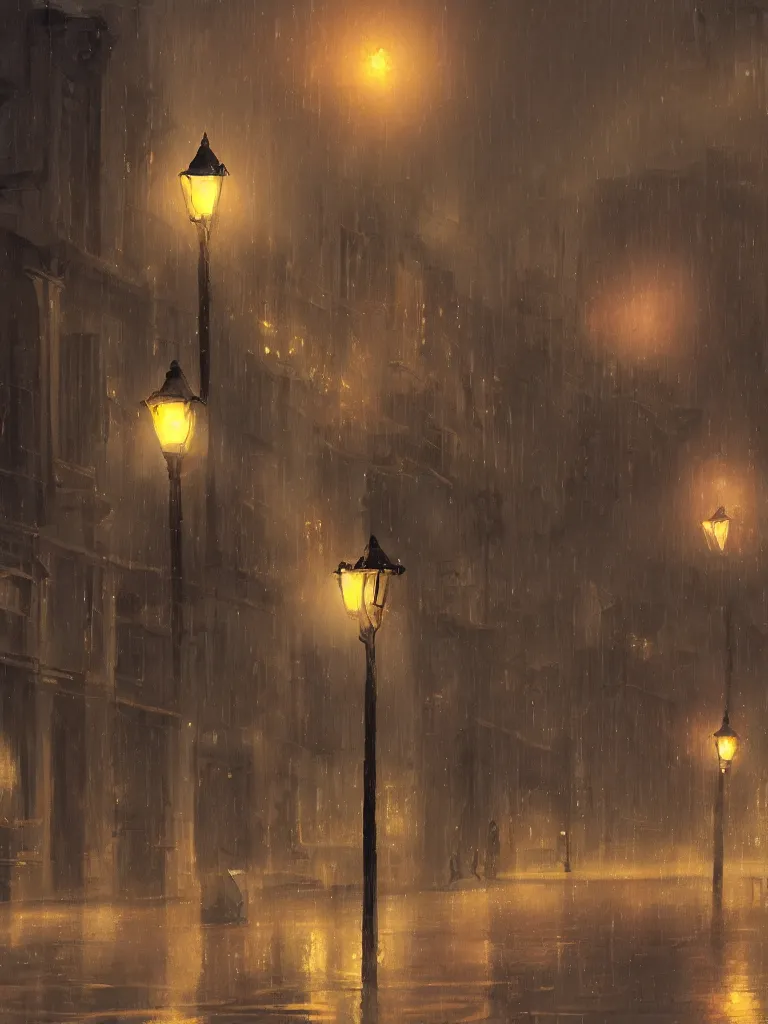 Prompt: street lamps shining though the rain by disney concept artists, blunt borders, rule of thirds