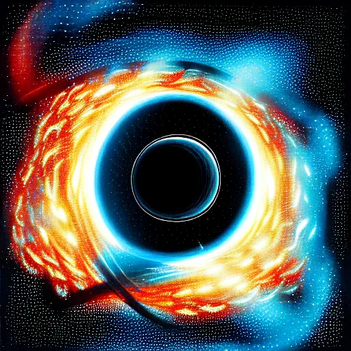 Image similar to a black hole at the center of a golden wireframe geometric structure, dyson sphere, deep blue and dark cyan nebula background, highly detailed artwork, acrylic painting