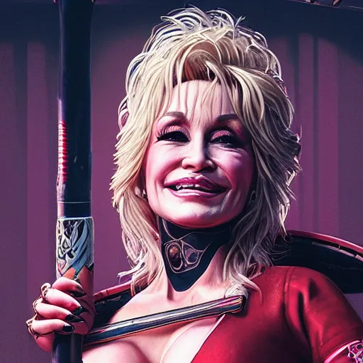 Prompt: closeup of Dolly Parton holding a baseball bat, cyberpunk 2077, intricate, elegant, highly detailed, digital painting, artstation, concept art, matte, sharp focus, illustration, hearthstone, art by Artgerm and Greg Rutkowski and Alphonse Mucha