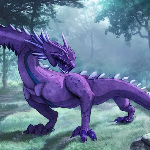 Image similar to concept art painting of an anthropomorphic purple gray anime dragon, in the deep forest, realistic, detailed, cel shaded, in the style of makoto shinkai and greg rutkowski and james gurney