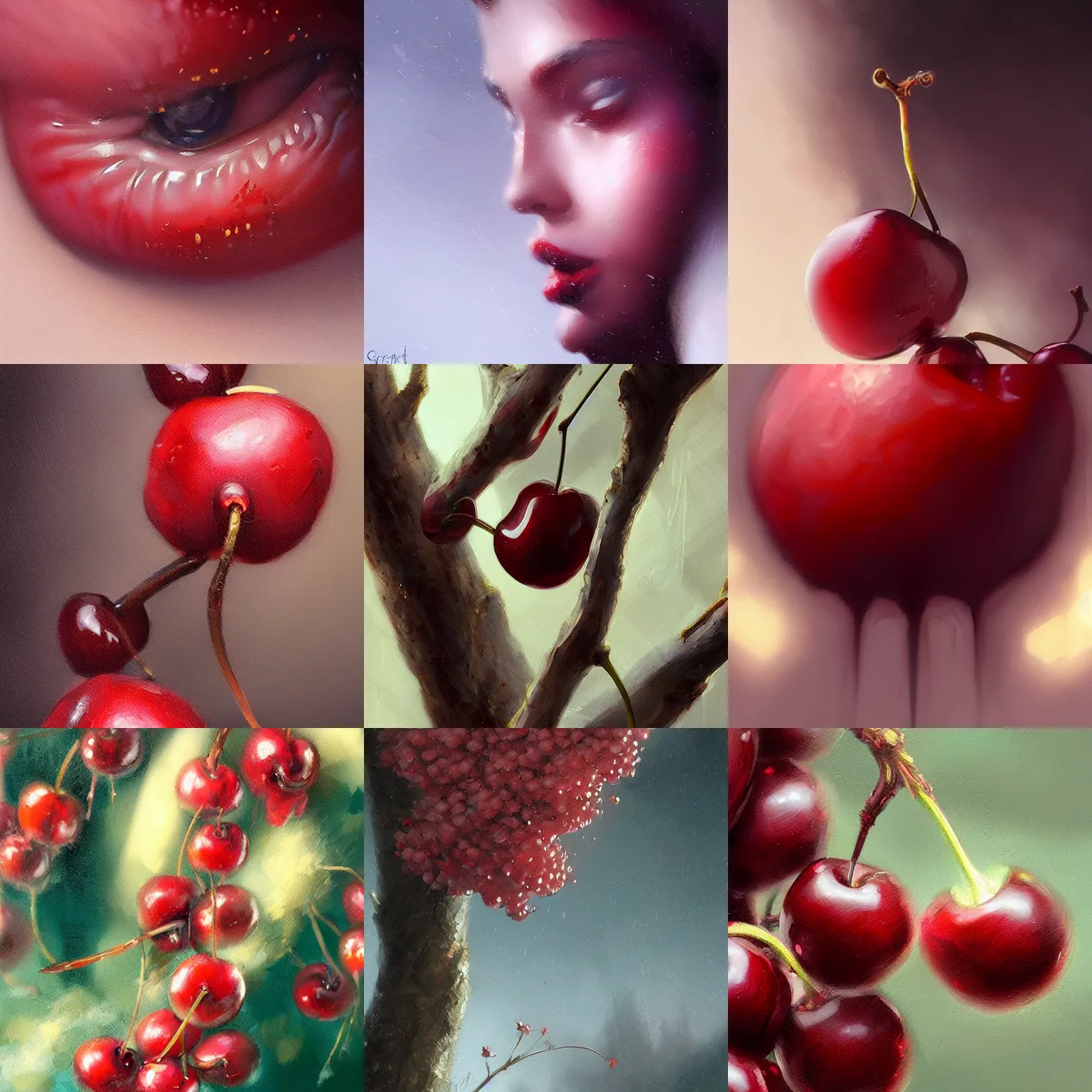 Prompt: beautiful aesthetic inspirational digital oil painting of a close - up cherry, by greg rutkowski, ultra detailed, fine details, trending on artstation