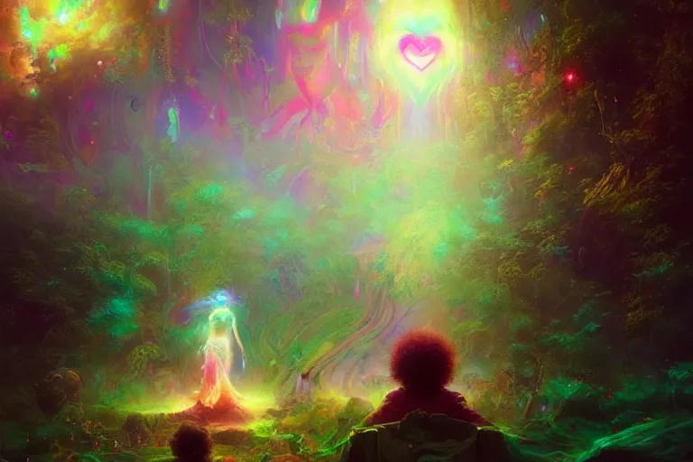 Prompt: a psychedelic realm hidden away in a pocket of ethereal understanding, astral beings sharing love greg rutkowski wlop lisa frank bob ross, ruan jia, illustration
