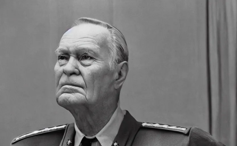 Prompt: 50s movie still close-up portrait of an elder soviet general in a empty stalinist hall, by David Bailey, Cinestill 800t 50mm chrome b&w, heavy grainy picture, very detailed, high quality, 4k, HD criterion, precise texture and facial expression