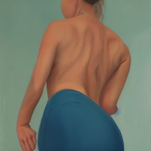 Prompt: A hyper realistic painting of a woman lifting her skirt while bending over