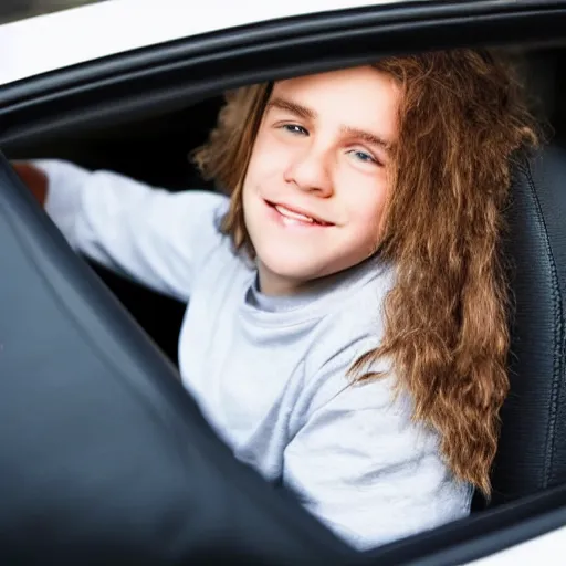 Image similar to a picture of a white boy with long hair inside of a car
